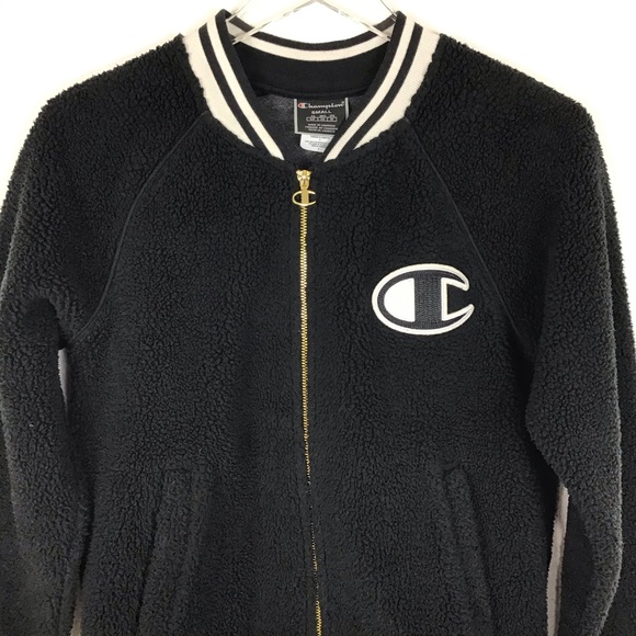 Champion Sherpa bomber jacket Womens S black spell out collegiate Preppy Cropped - Picture 8 of 15